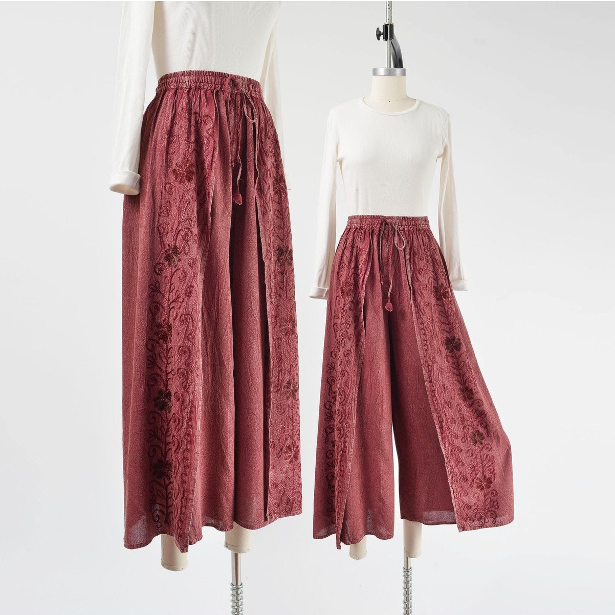 Vintage 90s Mauve Burgundy Embroidered Wide Leg Palazzo Boho Festival Pants M L
